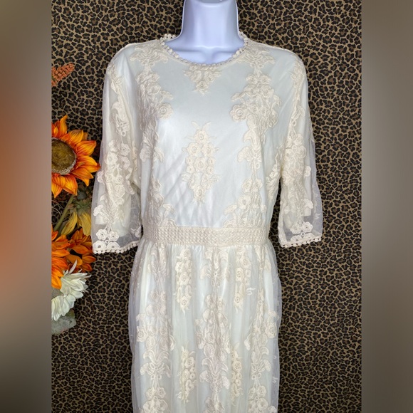 🦋B2G1🦋Vintage Style Antique Ivory Embroidered Lace Modest Midi Dress NWOT - Picture 7 of 14